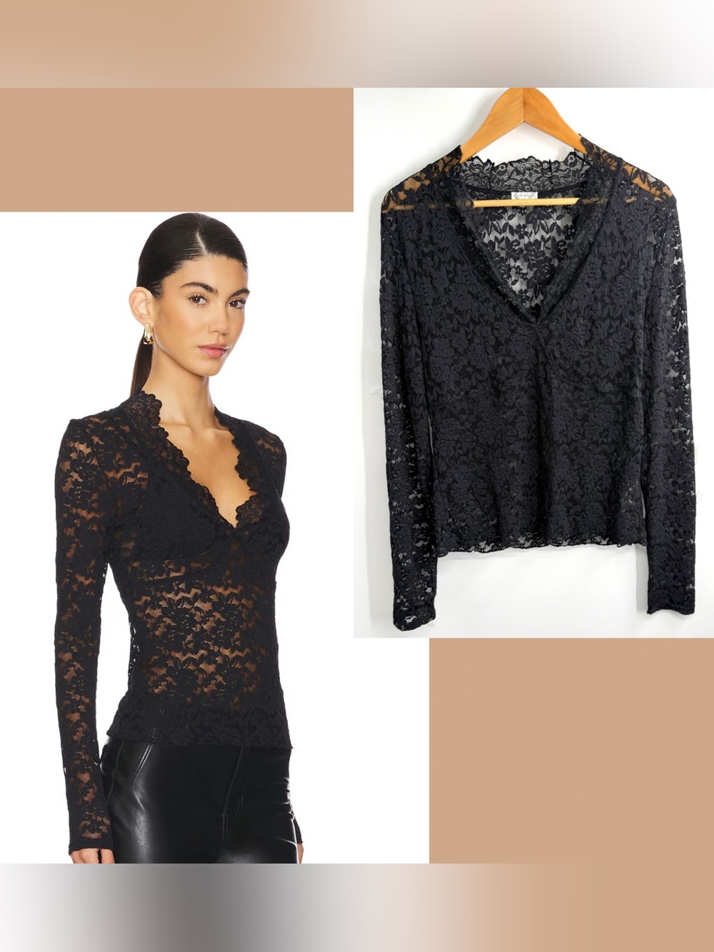 Free People Black Floral Lace V-Neck Long Sleeve Top